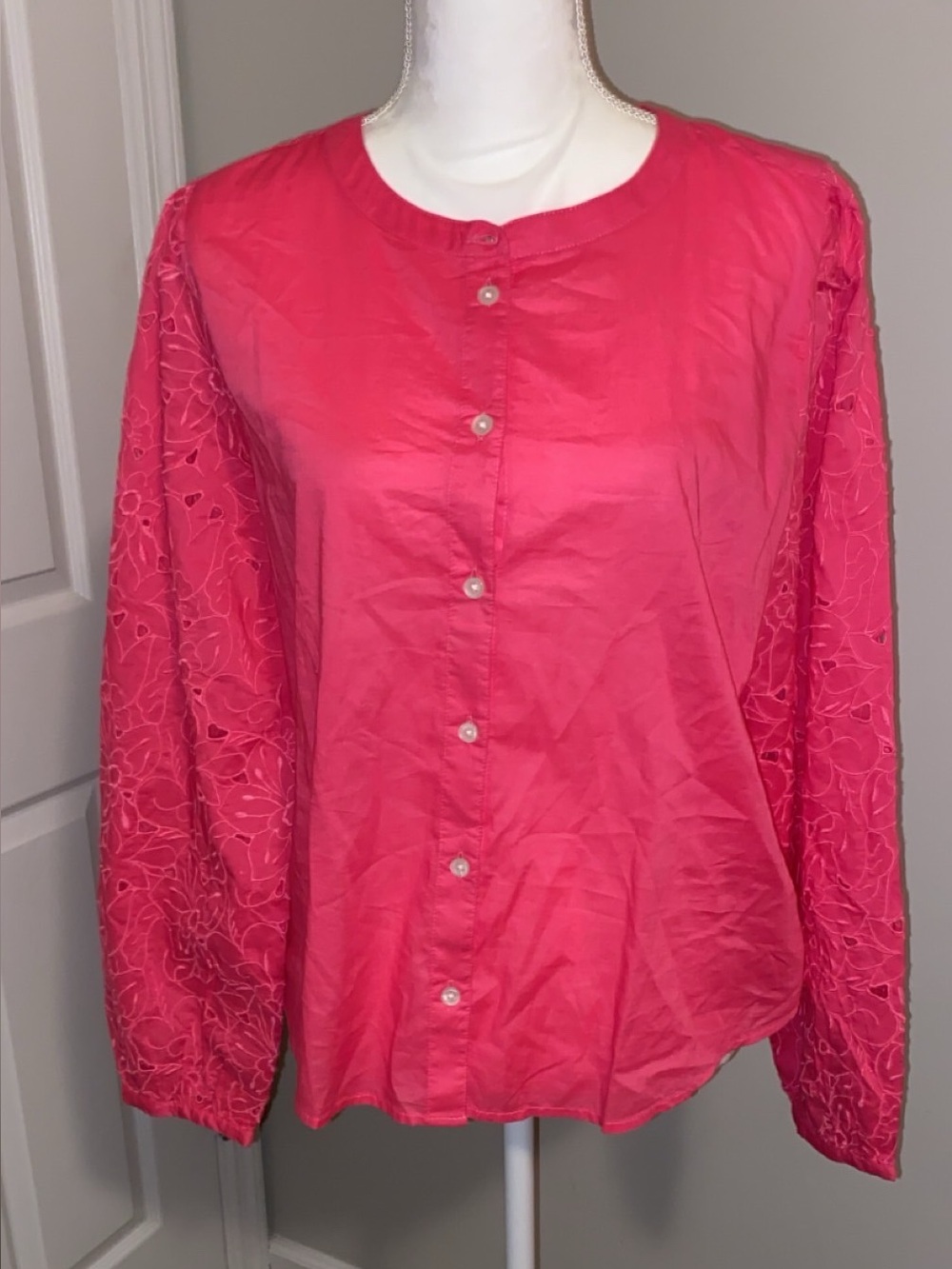 Women’s Pink Button-Up Blouse with Embroidered Sleeves J. Crew Size XL NWT